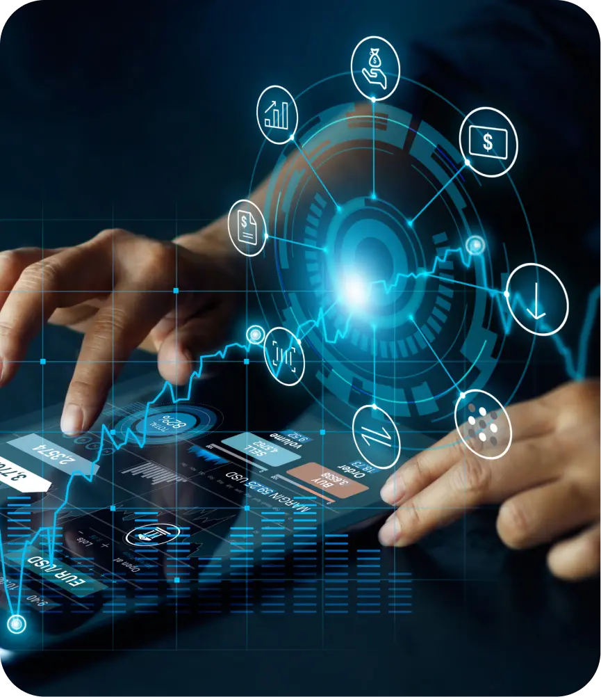 Hands interacting with futuristic digital interface.