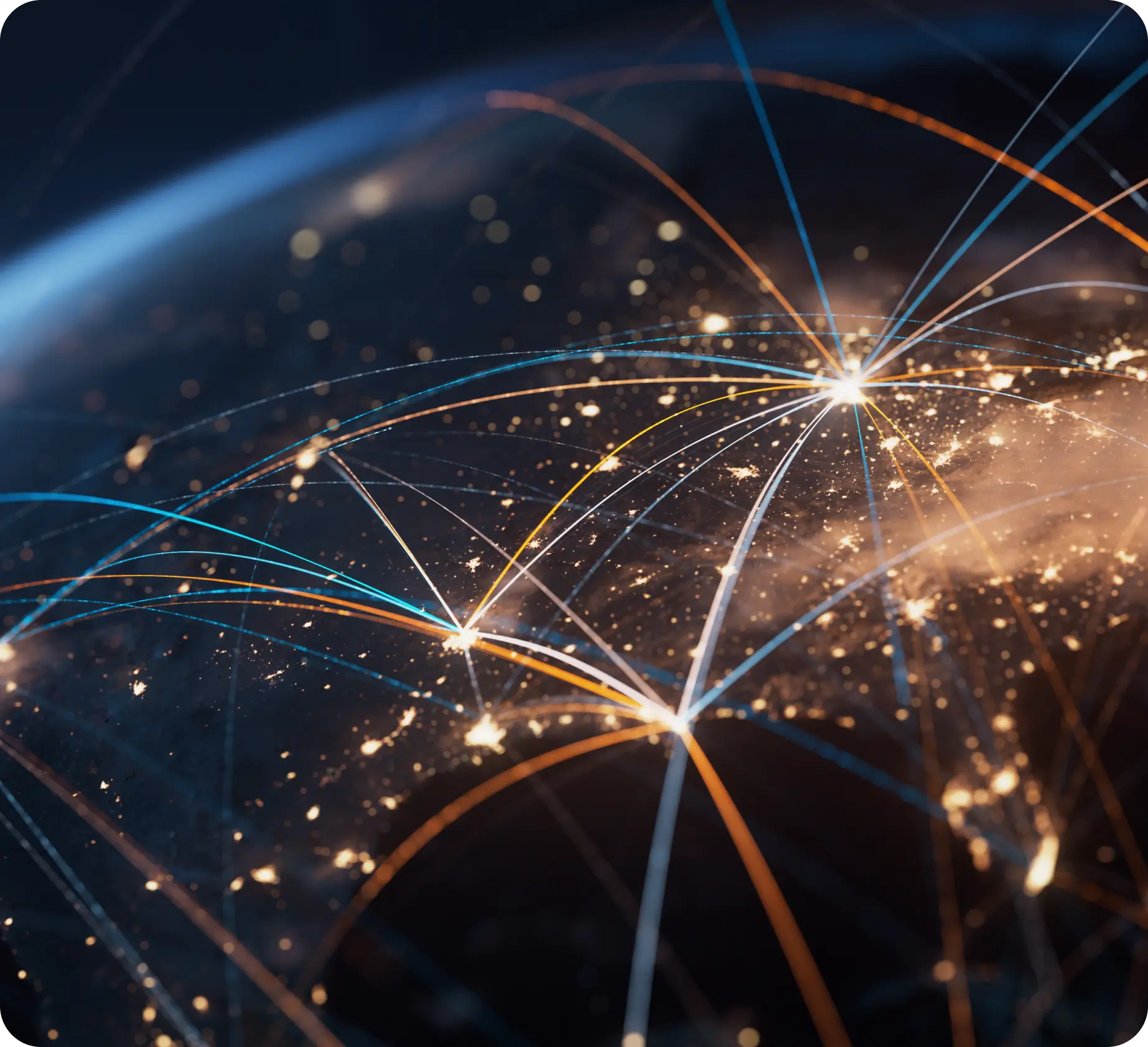 Glowing network connections on a global map.