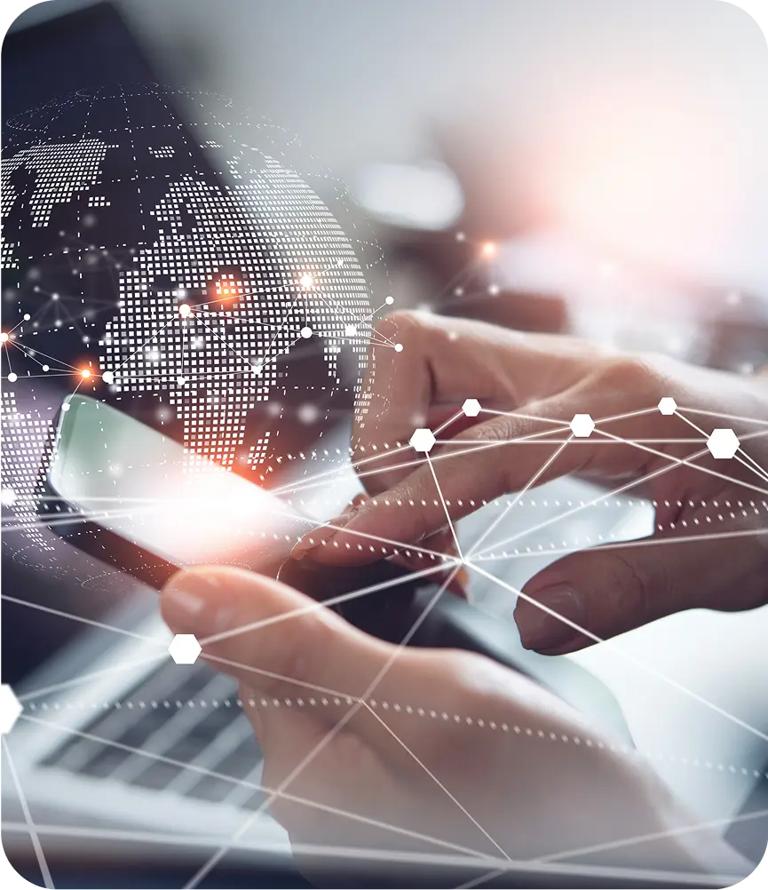 Hands using smartphone with digital network overlay.